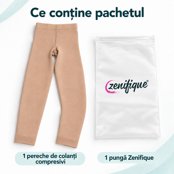 Pachetul conține o pereche de colanți compresivi și o pungă de ambalare Zenifique